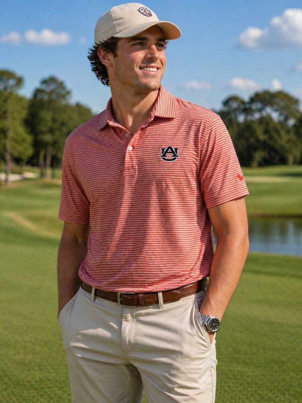 Auburn Tigers AU Polo Shirt Men’s M Orange Striped Golf Performance Short Sleeve